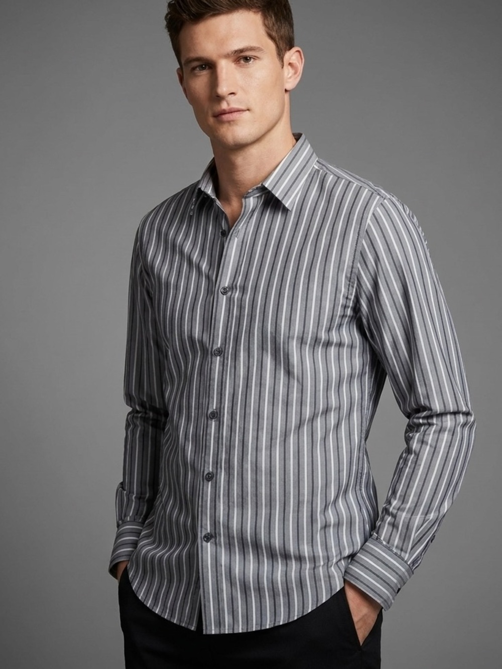 Express Men Fitted Stretch Cotton Striped Dress Shirt Gray Medium 15-15.5